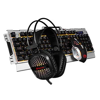 Marvo CM303 sada klávesnice drátová (USB) US, černo-stříbrná s herní myší a sluchátky, herní, membránová typ podsvícená