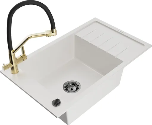 MEXEN/S Elias granitový dřez s odkapávačem včetně baterie Duo, bílá 6511-20-671701-57-B