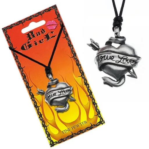 Šňůrkový náhrdelník - prostřelené srdce, stuha, TRUE LOVE