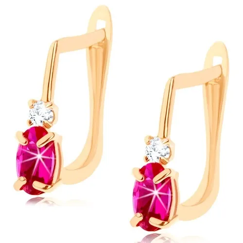 Zlaté náušnice 585 - tmavě růžový rubínový ovál, zirkonek čiré barvy