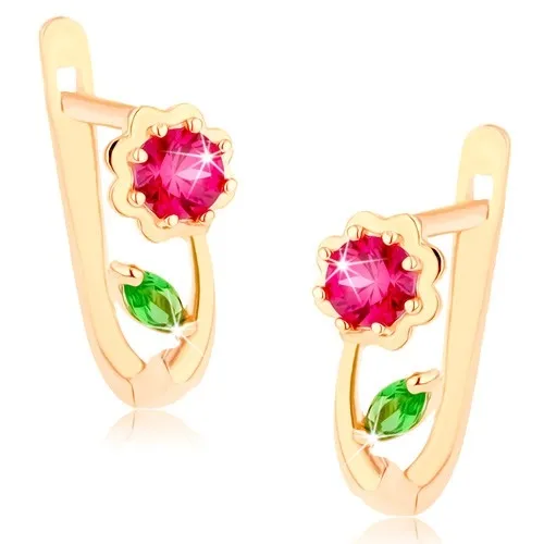 Zlaté 14K náušnice květ s růžovým a zeleným zirkonem