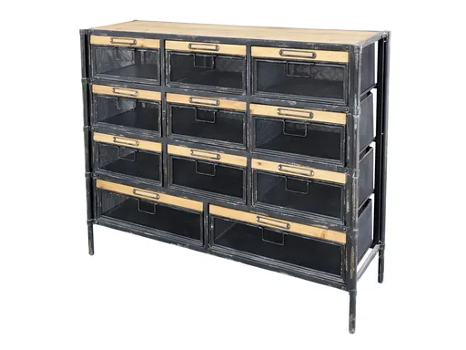Černý kovový regál s drátěnými šuplíky zdobenými dřevem Factory - 107*34*86 cm 40043524