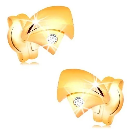 Briliantové náušnice ze 14K zlata - zahnuté trojúhelníčky, blýskavý čirý diamant