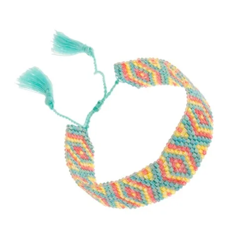 Náramek z korálků, tyrkysový, červený a žlutý odstín, vzor - kosočtverce