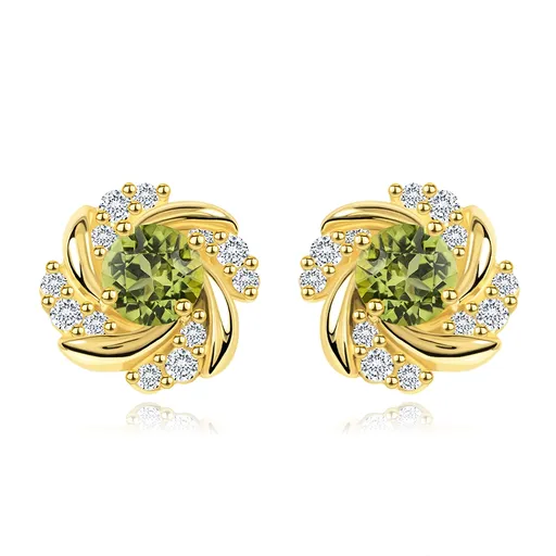 Zlaté náušnice 14K květina s kulatým olivínem a kubickými zirkony, puzety