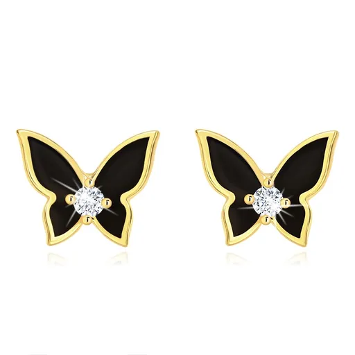 Náušnice ve žlutém 14K zlatě - malý motýlek pokrytý černou glazurou, čirý zirkon
