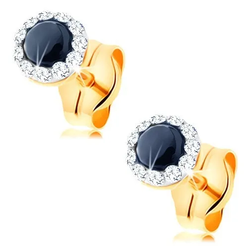 Zlaté náušnice 585 - kruhový safír černé barvy, čiré krystalky Swarovski