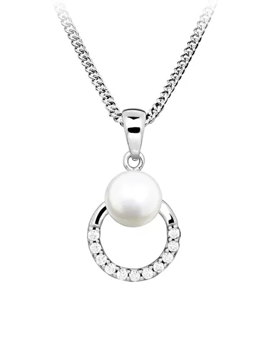 Silver Cat Stříbrný náhrdelník s pravou perlou a zirkony Pearls SC601 (řetízek, přívěsek)