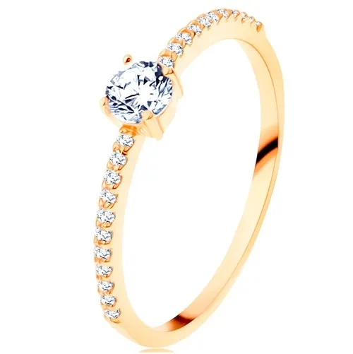 Prsten ve žlutém 14K zlatě - vystupující čirý zirkon, linie zirkonků čiré barvy - Velikost: 60