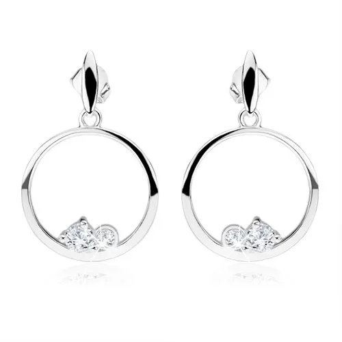 Stříbrné náušnice 925, kruhy, dva čiré kulaté zirkony, ovál