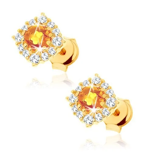 Náušnice ze 14K zlata s kulatým citrínem a čirým zirkonovým lemem