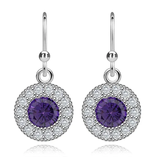 Náušnice ze stříbra 925 - fialový kulatý zirkon, čirá obruba, afro háček