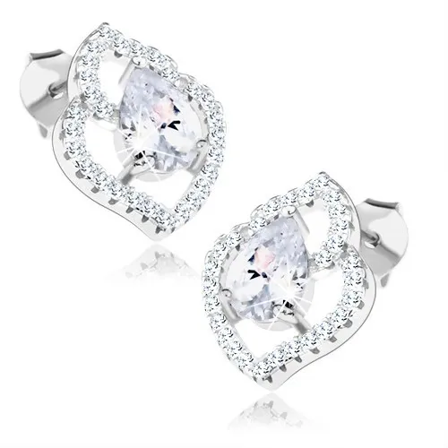 Náušnice, stříbro 925, asymetrická kontura listu, čirá zirkonová slza