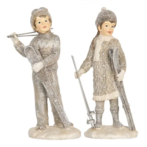 Šedá dekorace dívka a chlapec s lyžemi - 8*7*15 cm Clayre & Eef