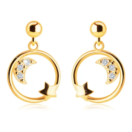 Náušnice ve 14K žlutém zlatě - měsíček se zirkony a hvězdička v kruhu