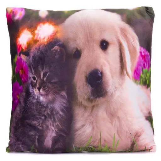 Nexos Dekorativní polštář s LED osvětlením Kočka a pes - 38x38 cm