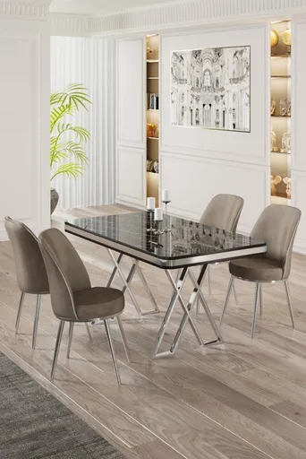 Dining Table & Chairs Set (5 Pieces) Vals - Black Marble, Chrome, Cappuccino