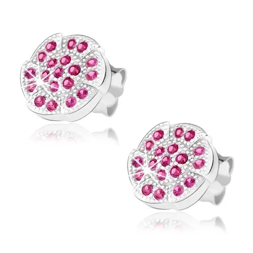 Náušnice, stříbro 925, kruh se zářezy, růžové zirkony, gravírování