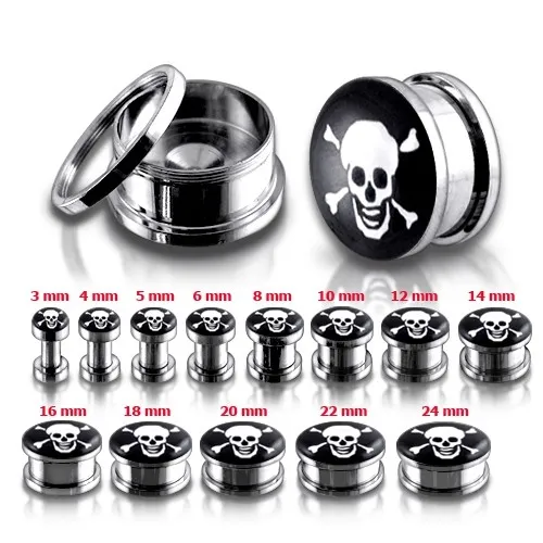 Ocelový tunel plug do ucha, lebka a zkřížené kosti - Tloušťka : 10 mm