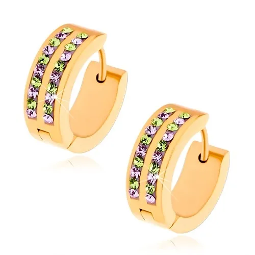 Náušnice z chirurgické oceli, zlatá barva, fialové a zelené zirkony