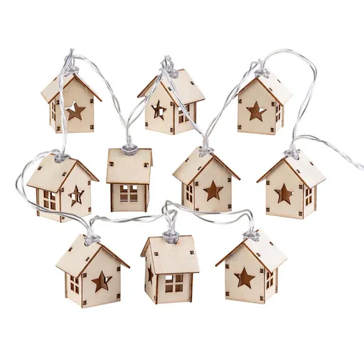 Světelný řetěz s dřevěnými domečky