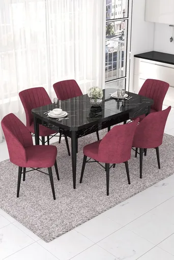Extendable Dining Table & Chairs Set (7 Pieces) Nef - Black Marble, Burgundy