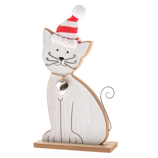Dřevěná kočka s rolničkou a pletenou čepicí, 29 cm