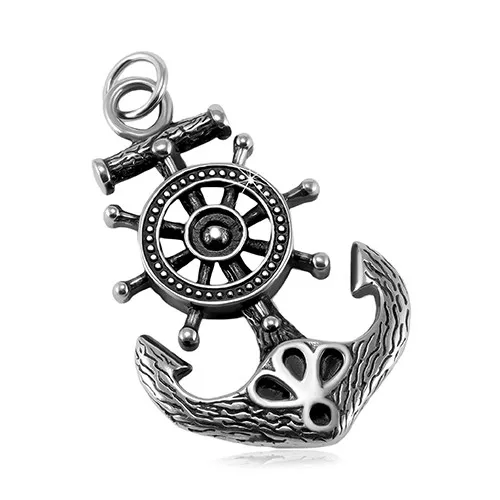 Patinovaný ocelový přívěsek, mohutná kotva s kormidlem