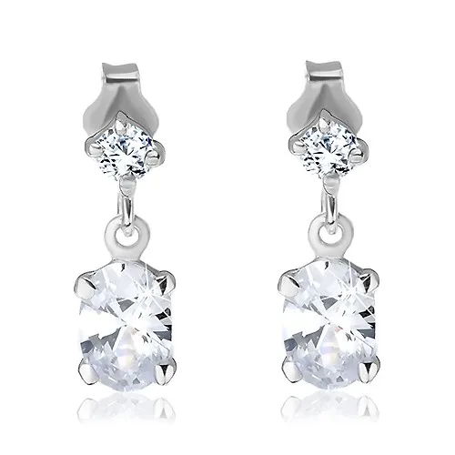 Náušnice ze stříbra 925 - čtvercový zirkonek a visící oválný zirkon