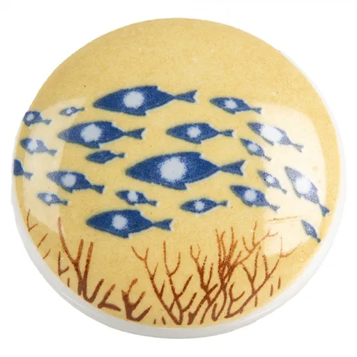 Žlutá kulatá keramická úchytka s rybkami - Ø 4*2 cm / S4 cm 66055