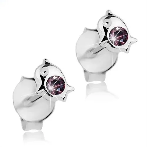 Puzetové náušnice, stříbro 925, lesklý delfínek, tmavě fialový krystal