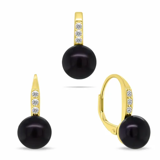 Brilio Silver Pozlacený set s tmavými perlami a zirkony SET291YBC (přívěsek, náušnice)