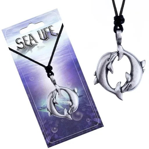 Šňůrka na krk a kovový přívěsek dvou delfínů v kruhu