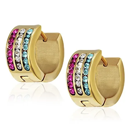 Ocelové náušnice - tyrkysový, čirý a purpurový pás