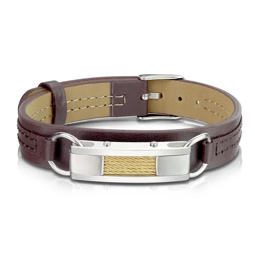 Hnědý kožený náramek - obdélník se zářezem uprostřed přichycený očky a s dráty ve zlaté barvě