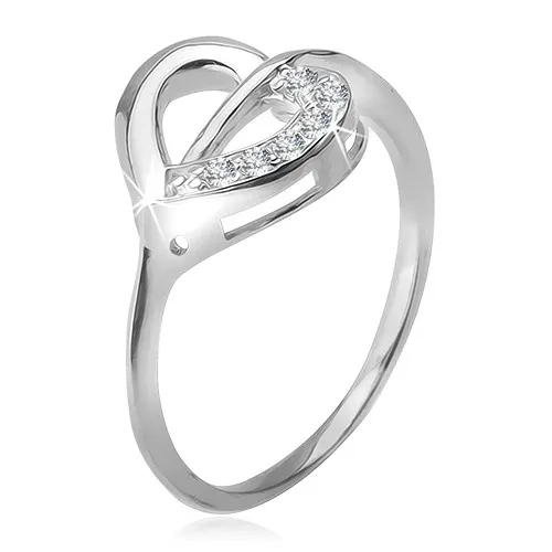 Prsten ze stříbra 925, kontura srdce s čirou a zirkonovou polovinou - Velikost: 56