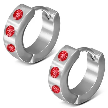 Lesklé kloubové náušnice, ocel 316L, stříbrná barva, tři červené zirkonky