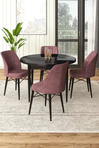 Dining Table & Chairs Set (5 Pieces) Rox - Black Marble, Dusty Rose