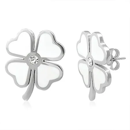 Náušnice z oceli 316L, bílý glazovaný čtyřlístek pro štěstí