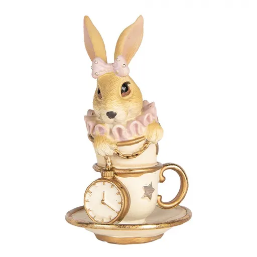 Dekorace hnědá králičice v šálcích a s hodinkami - 8*8*14 cm 6PR5463