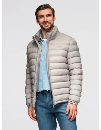 Pánská prošívaná bunda s stojáčkem a zipy na hrudi – tmavě modrá V2 OM-JALP-0260