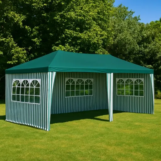 Zahradní stan 3×6 m s okny a uzavíratelnými stěnami, zelený