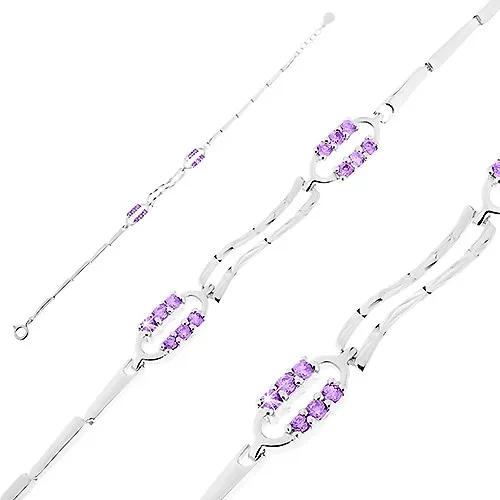 Stříbrný 925 náramek, kontury oválů a obdélníky se zářezy, fialové zirkonky