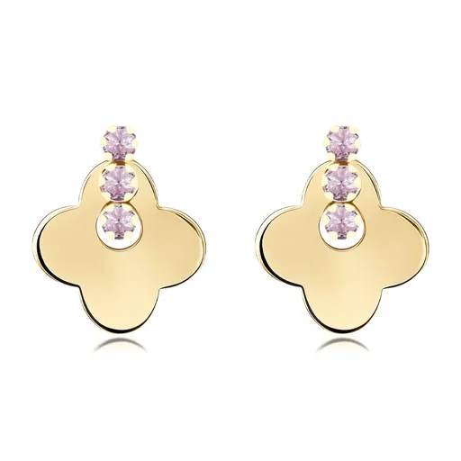Zlaté náušnice 14K čtyřlístek s růžovými zirkony