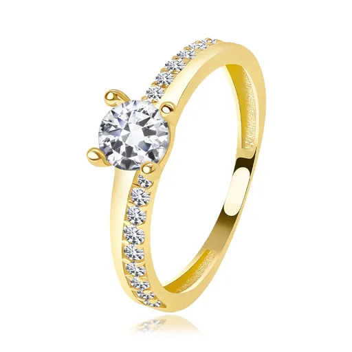 Zlatý prsten ze 14K žlutého zlata s vyvýšenými zirkony a dělenými rameny - Velikost: 52