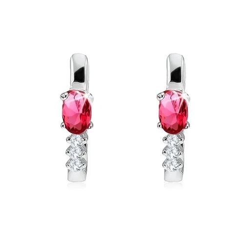 Náušnice ze stříbra 925, červený oválný kámen, linie čirých zirkonků