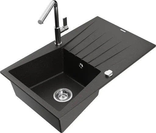 MEXEN/S Cesar granitový dřez 1-miska s odkapávačem včetně baterie Flora, černá/zlatá metalik 6514-75-670401-00