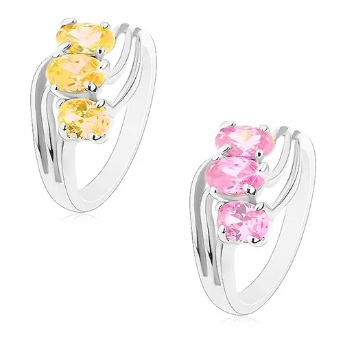 Lesklý prsten stříbrné barvy, zirkonové ovály, tenké zvlněné linie - Velikost: 52, Barva: Žlutá