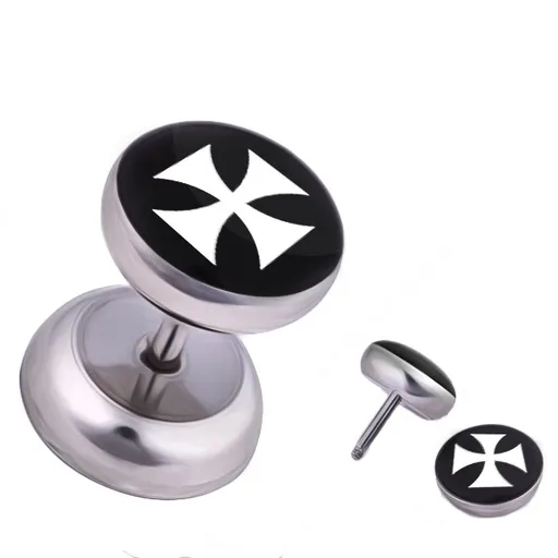 Ocelový fake piercing do ucha, bílý maltézský kříž