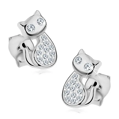 Náušnice ze stříbra 925, blýskavá kočka zdobená čirými zirkony, puzetky